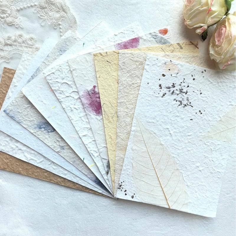 Flartmo 10 Desingns Handmade Textured Paper, 8.2"x5.9" Thick Mulberry Paper with Real Botanical, Multicolor Embossed Craft Sheets for Card Making, Scrapbooking, Junk journal, Invitations, Watercolor, Printing - Image 5